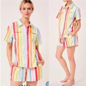 Atlantic Pacific x Lake Pajamas Sadie Set Small Rainbow Stripe Cotton Poplin EUC